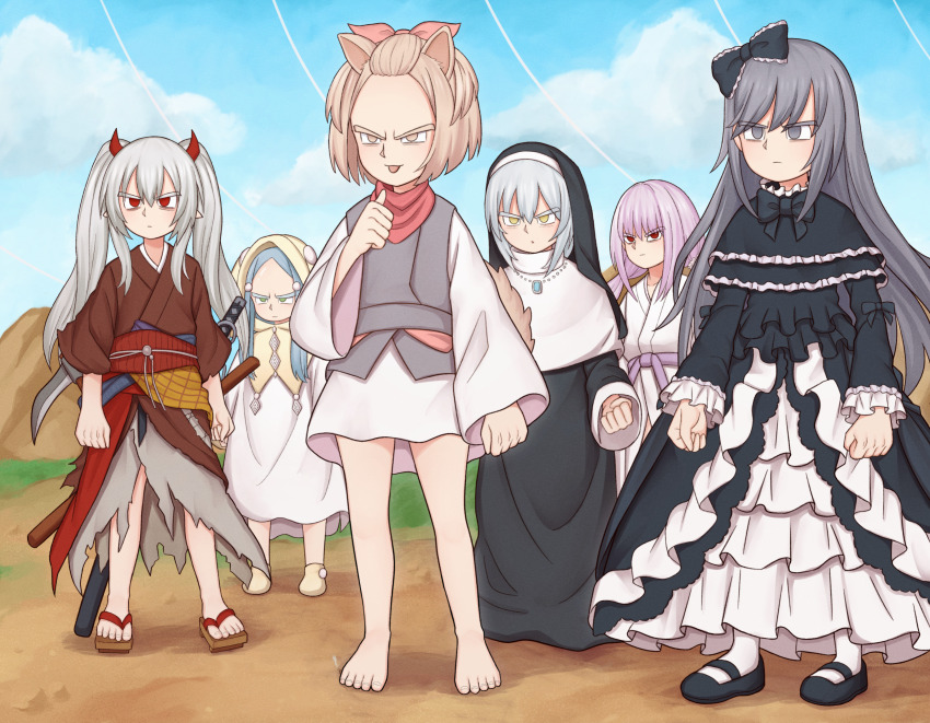 6+girls, animal_ears, ash_blossom_&amp;_joyous_spring, atorie, barefoot, blue_hair, blue_sky, bow