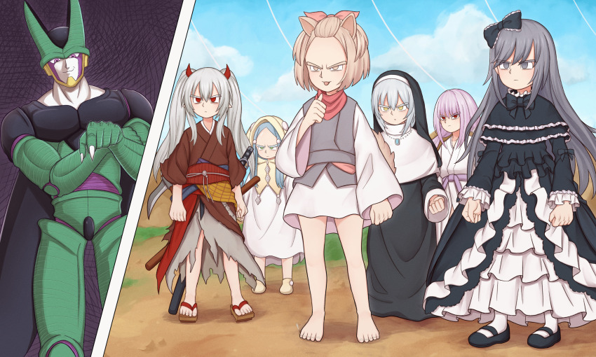 1boy, 6+girls, absurdres, animal_ears, ash_blossom_&amp;_joyous_spring, atorie, barefoot, blue_hair