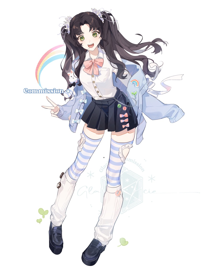 1girl, :d, absurdres, black_hair, black_shoes, blue_cardigan, blue_skirt, blue_thighhighs