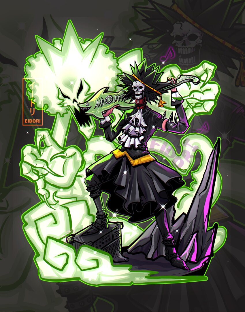 1boy, alternate_form, ascot, black_coat, black_hair, boots, brook_(one_piece), coat