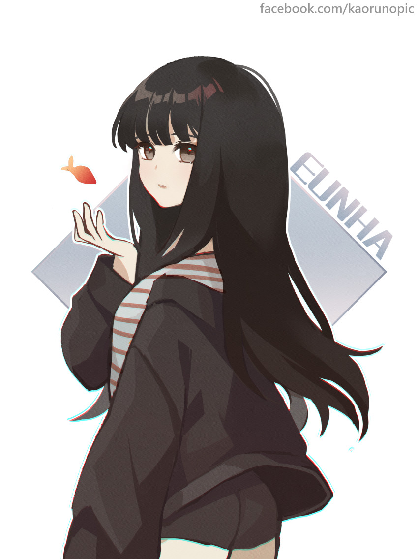 1girl, absurdres, animification, black_hair, black_jacket, black_shorts, blunt_bangs, brown_eyes