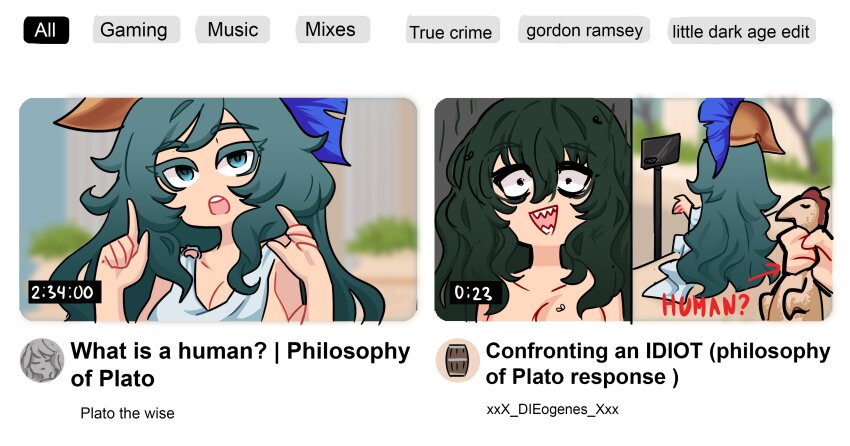 2girls, absurdres, aqua_eyes, aqua_hair, breasts, bug, cellphone, centurii-chan, chicken_(food), english_text, fly, food, green_eyes, green_hair, hair_between_eyes, highres, insect, medium_breasts, multiple_girls, open_mouth, original, phone, plato, pointing, pointing_up, recording, sharp_teeth, smartphone, smell, teeth, upper_teeth_only