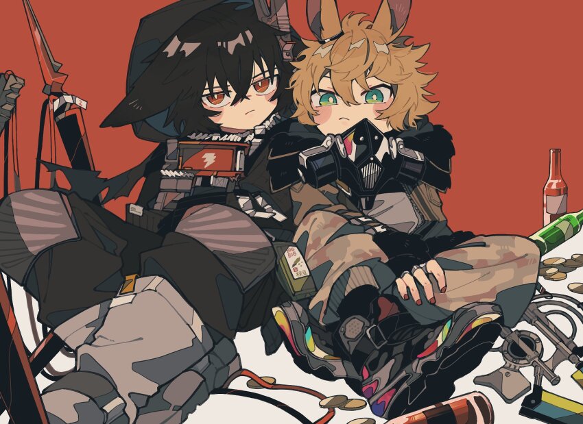 2boys, animal_ears, arknights, ayerscarpe_(arknights), ayerscarpe_(tested_one)_(arknights), black_gloves, black_jacket, blonde_hair