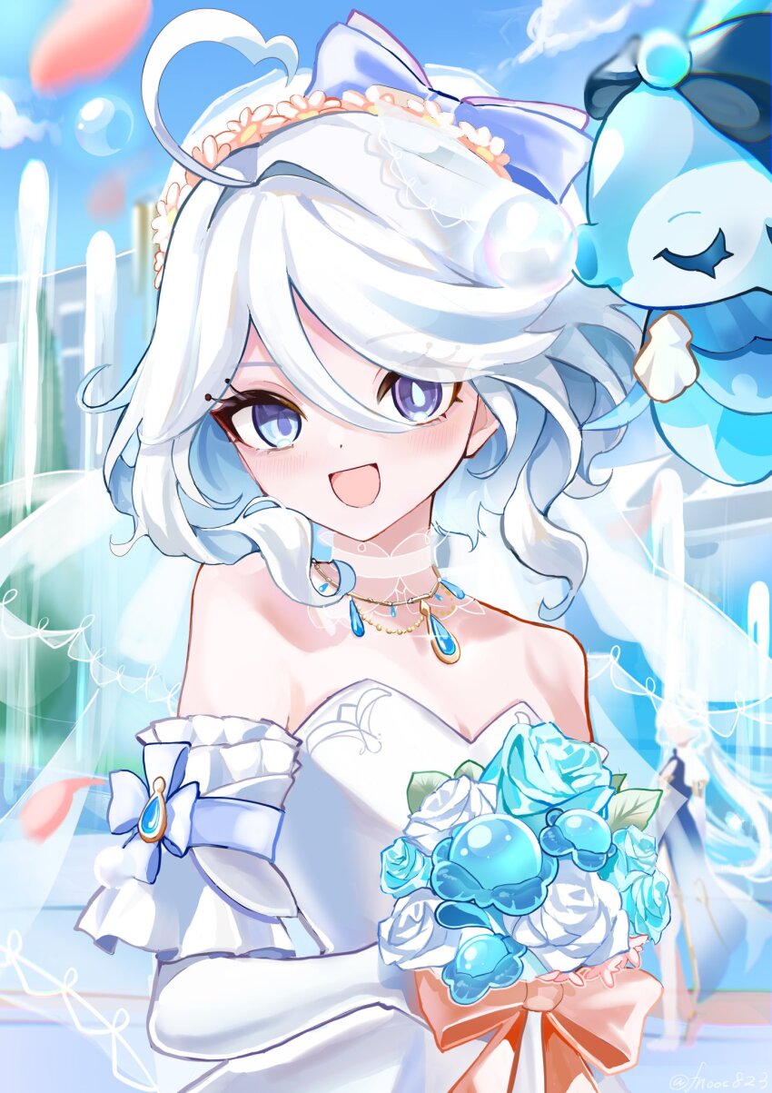 1girl, :d, ahoge, bare_shoulders, blue_eyes, blue_sky, bow, breasts