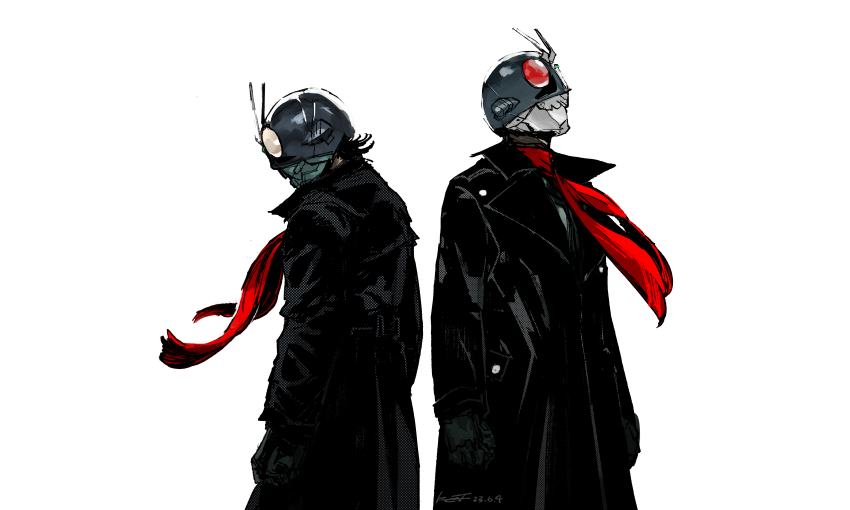 2boys, absurdres, antennae, armor, black_coat, bug, coat, compound_eyes, gloves, glowing, glowing_eyes, grasshopper, green_armor, green_helmet, helmet, highres, insect, jacket, kamen_rider, kamen_rider_1, kamen_rider_1_(shin), kamen_rider_2, kamen_rider_2_(shin), kent_(innuendo666), long_coat, male_focus, multiple_boys, red_eyes, red_scarf, scarf, shin_kamen_rider, short_hair, simple_background, tokusatsu, upper_body, white_background, white_eyes