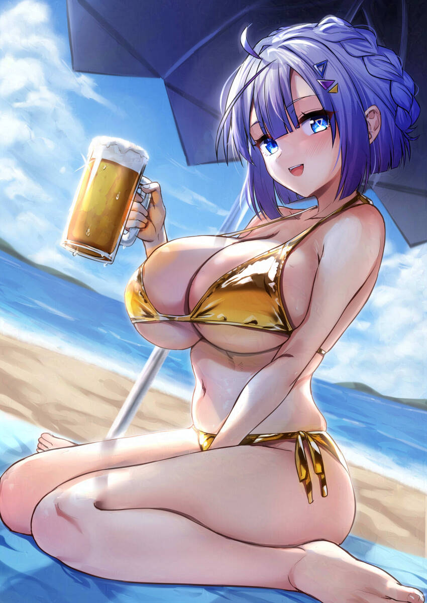 1girl, :d, absurdres, ahoge, alcohol, bare_arms, beach, beach_towel, beach_umbrella, beer, between_legs, bikini, blue_eyes, blue_hair, blue_sky, blunt_bangs, blush, braid, breasts, cloud, commentary_request, cup, day, gold_bikini, hair_between_eyes, hair_ornament, hand_between_legs, highres, holding, holding_cup, large_breasts, looking_at_viewer, navel, no._7_(neutrino), ocean, open_mouth, outdoors, short_hair, sidelocks, sitting, sky, smile, solo, swimsuit, teeth, tenneko_yuuri, towel, triangle_hair_ornament, umbrella, upper_teeth_only, voicevox, wariza