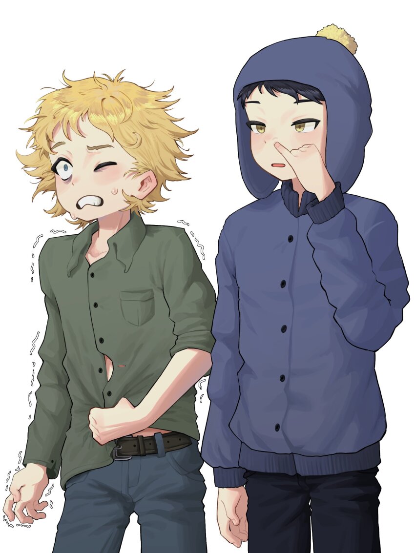 2boys, amburrge, bags_under_eyes, belt, black_hair, blonde_hair, blue_eyes, button_gap