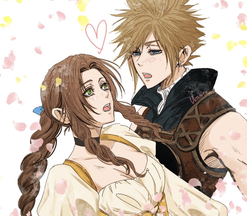 1boy, 1girl, aerith_gainsborough, aerith_gainsborough_(garnet's_gown), aqua_ribbon, artist_name, bare_shoulders, black_choker