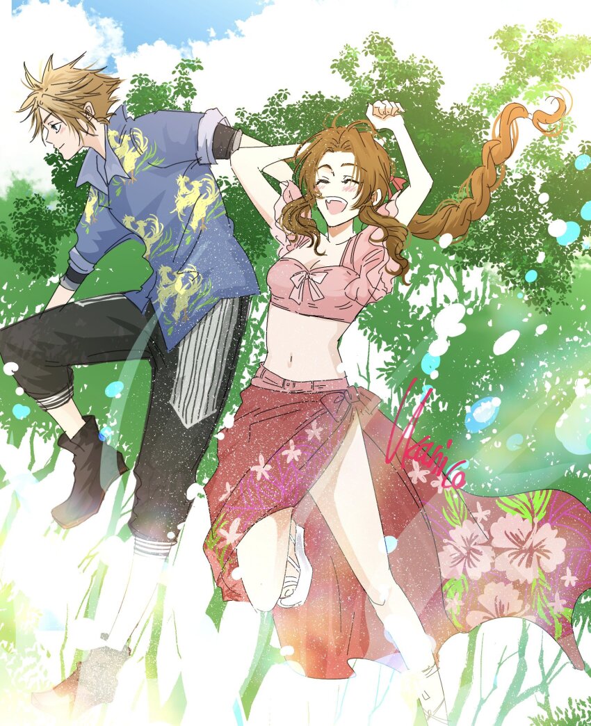 1boy, 1girl, aerith_gainsborough, aerith_gainsborough_(floral_delight), animal_print, arms_behind_head, artist_name, bird_print, black_footwear, black_pants, black_shirt, blonde_hair, blue_shirt, blush, boots, braid, braided_ponytail, breasts, brown_hair, chocobo, cleavage, closed_eyes, cloud_strife, cloud_strife_(ocean_chocobo), collared_shirt, costa_del_sol, crop_top, final_fantasy, final_fantasy_vii, final_fantasy_vii_rebirth, final_fantasy_vii_remake, floral_print, frilled_sleeves, frills, hair_ribbon, hawaiian_shirt, highres, long_hair, medium_breasts, midriff, navel, official_alternate_costume, open_mouth, outdoors, pants, parted_bangs, pink_ribbon, pink_shirt, print_sarong, print_shirt, red_sarong, red_skirt, ribbon, sandals, sarong, shirt, shirt_under_shirt, short_hair, short_sleeves, side_slit, sidelocks, single_braid, skirt, smile, spiked_hair, toeless_footwear, ukanicoponpon, wavy_hair, white_footwear