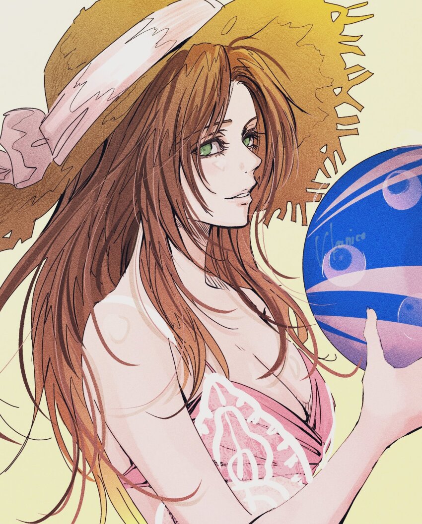 1girl, aerith_gainsborough, aerith_gainsborough_(sunny_robe), artist_name, ball, bare_shoulders, beachball, bikini, blitzball, breasts, brown_hair, cleavage, costa_del_sol, final_fantasy, final_fantasy_vii, final_fantasy_vii:_ever_crisis, final_fantasy_vii_remake, green_eyes, hat, hat_ribbon, highres, holding, holding_ball, holding_beachball, long_hair, looking_at_viewer, medium_breasts, official_alternate_costume, parted_bangs, parted_lips, pink_bikini, ribbon, sidelocks, smile, solo, straw_hat, sun_hat, swimsuit, ukanicoponpon, upper_body