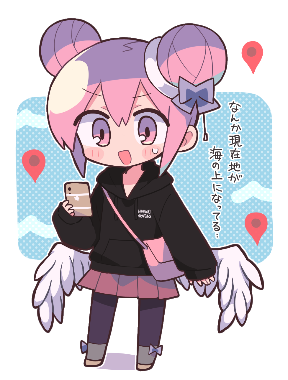 1girl, angel, angel_wings, black_hoodie, black_pantyhose, blue_background, blue_bow, blush_stickers