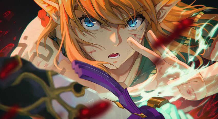 1boy, absurdres, arm_markings, blonde_hair, blood, blood_on_face, blue_eyes, commentary