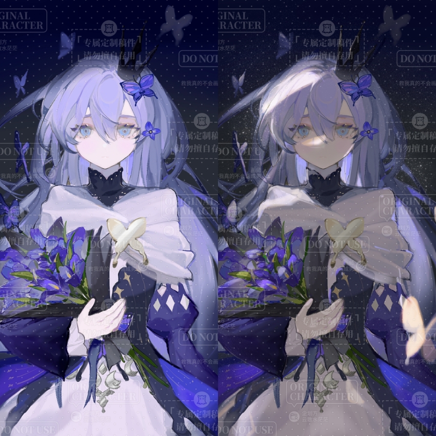 1girl, bad_bcy_id, bad_id, black_collar, black_crown, blue_background, blue_eyes, blue_flower
