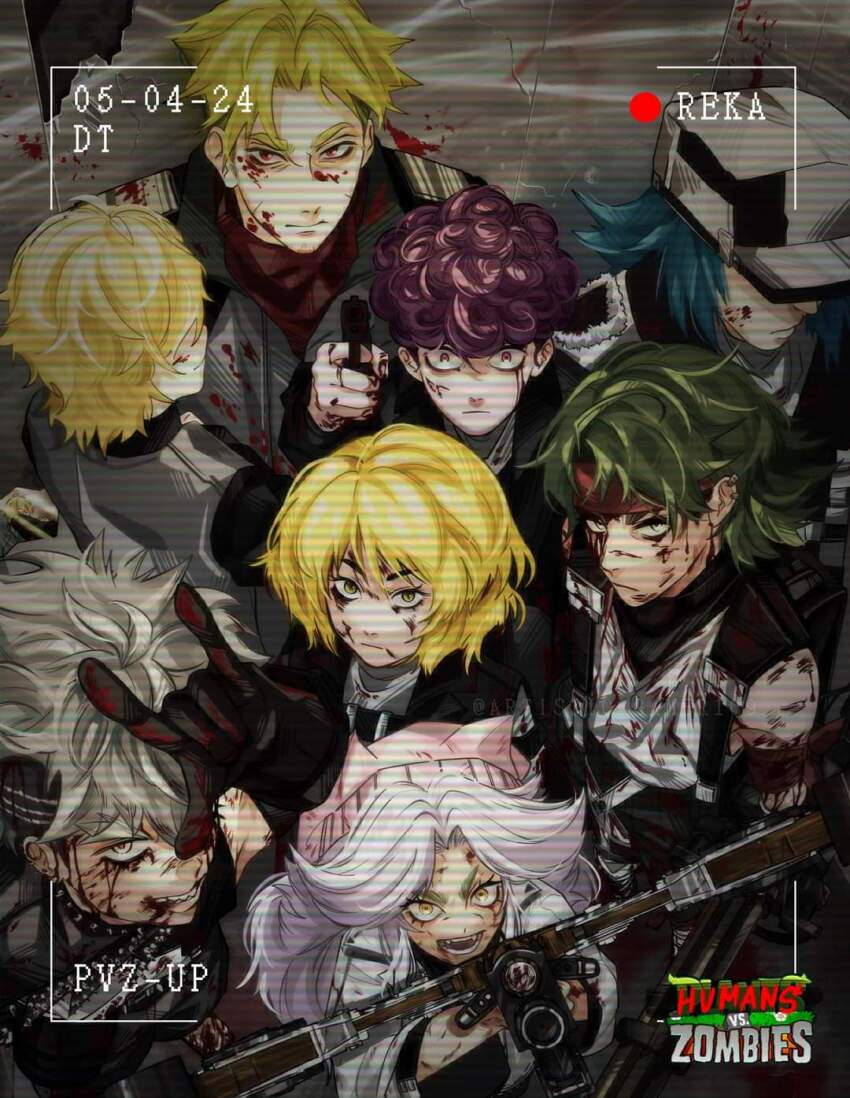 2girls, 6+boys, ahoge, aiming, angry, animal_ear_headwear, animal_ears, antenna_hair