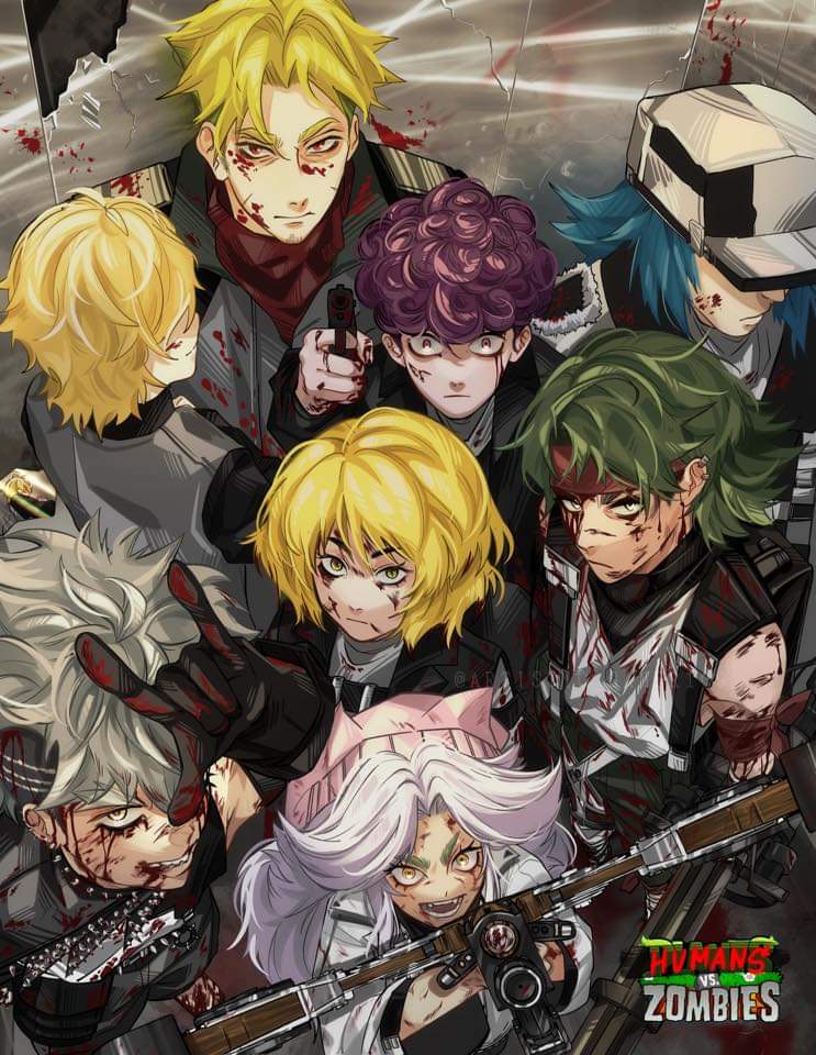 2girls, 6+boys, ahoge, aiming, angry, animal_ear_headwear, animal_ears, antenna_hair, arrow_(projectile), asymmetrical_hair, backpack, bag, bags_under_eyes, bandana, bandana_around_arm, beanie, black_bag, black_gloves, black_hat, black_jacket, black_necktie, black_pants, black_shirt, black_straps, black_vest, blonde_hair, blood, blood_on_arm, blood_on_clothes, blood_on_face, blood_on_hands, blood_splatter, blood_stain, bloody_clothesa, bloody_weapon, blue_hair, bow_(weapon), bracelet, bruise, bruise_on_face, buckle, cat_ears, cattail, cattail_(plants_vs._zombies), chest_strap, closed_mouth, cob_cannon_(plants_vs._zombies), collar, collared_jacket, commentary_request, covered_face, cowboy_shot, crossbow, dark_grey_hair, devil_horns_(gesture), ear_ornament, ear_piercing, earrings, elevator, expressionless, eyelashes, facial_scar, facing_away, fake_animal_ears, fangs, female_focus, flower, food, forked_eyebrows, from_above, fruit, fur-trimmed_jacket, fur_trim, furrowed_brow, gatling_gun, gatling_pea_(plants_vs._zombies), gloom-shroom_(plants_vs_zombies), gloves, gold_magnet_(plants_vs._zombies), green_hair, green_pants, grey_hair, grey_pants, grey_shirt, gun, hair_over_one_eye, half-closed_eyes, hand_up, handgun, hat, hat_over_eyes, headband, holding, holding_crossbow, holding_gun, holding_pistol, holding_weapon, humanization, injury, jacket, jewelry, jitome, layered_clothes, long_hair, long_sleeves, looking_at_viewer, m/, male_focus, medium_hair, melon, mohawk, multicolored_hair, multicolored_hat, multicolored_jacket, multicolored_pants, multicolored_shirt, multiple_boys, multiple_girls, mushroom, necklace, necktie, newsboy_cap, one_eye_covered, open_mouth, pants, personification, piercing, pistol, plant, plants_vs._zombies, pointing_gun_at_viewer, purple_eyes, purple_hair, red_bandana, red_eyes, red_headband, red_shirt, reka-san, scar, scar_on_cheek, scar_on_face, shaded_face, sharp_teeth, shirt, short_hair, short_sleeves, sidecut, sidelocks, simple_background, sleeveless, smile, spiked_bracelet, spiked_collar, spiked_ear_piercing, spiked_hair, spikerock_(plants_vs._zombies), spikes, strap, sunflower, sunflower_(plants_vs._zombies), tagme, teeth, thorns, turtleneck, turtleneck_shirt, twin_sunflower_(plants_vs_zombies), two-tone_hair, undercut, undershirt, very_long_hair, vest, watermelon, weapon, white_eyes, white_hair, white_hat, white_jacket, white_shirt, white_spikes, winter_melon_(plants_vs._zombies), yellow_eyes