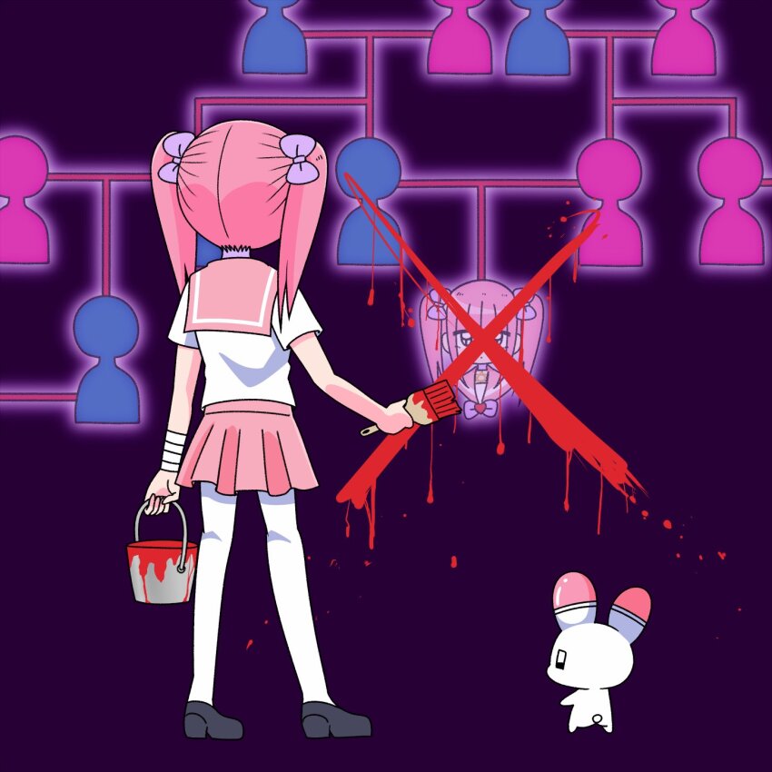 1girl, animal, back, bandaged_arm, bandages, black_footwear, bow, bucket