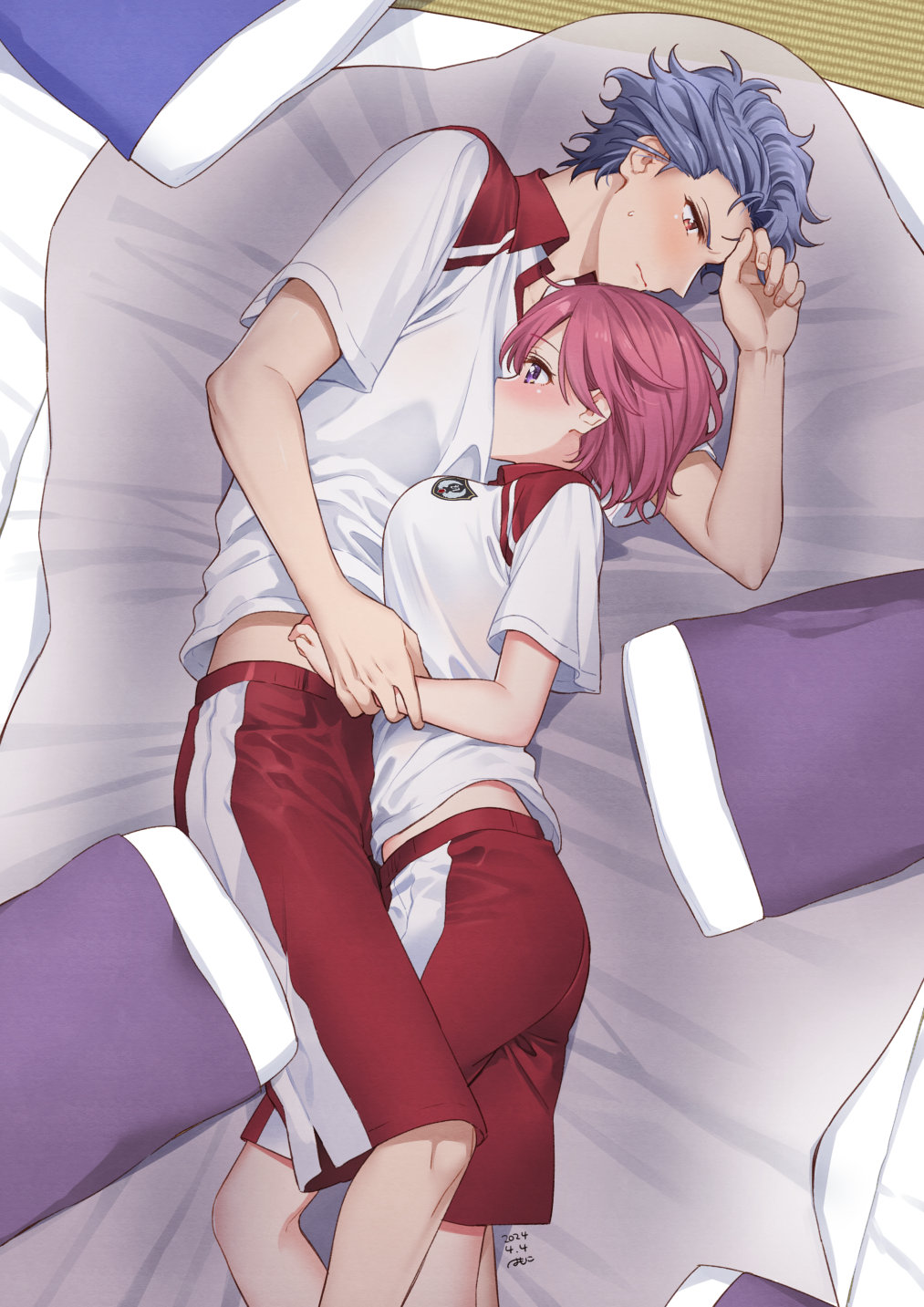 1boy, 1girl, artist_name, blush, bob_cut, breasts, couple, dated