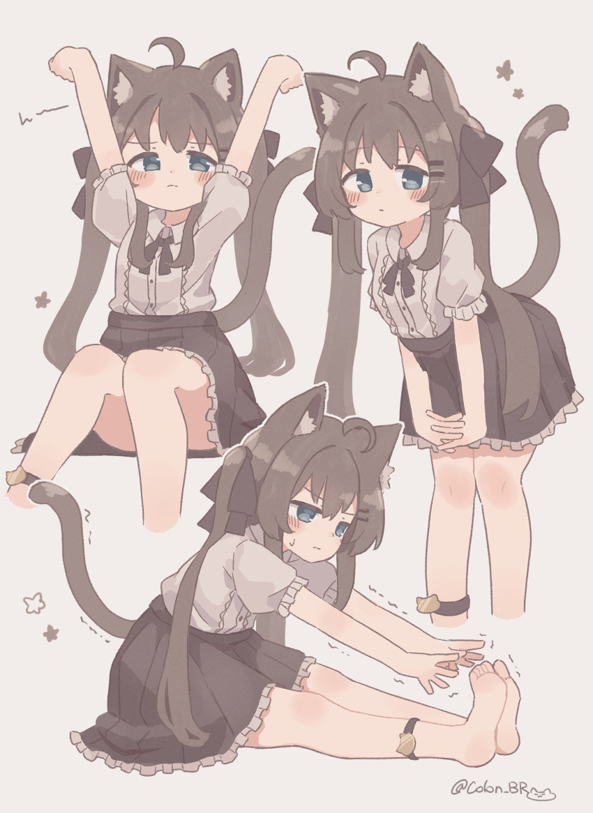 1girl, absurdres, ahoge, animal_ears, arms_up, barefoot, biachan_(colon_br), black_ribbon, black_skirt, blue_eyes, brown_hair, cat_ears, cat_girl, cat_tail, center_frills, colon_br, cropped_legs, feet, frilled_shirt, frills, high-waist_skirt, highres, knees_together_feet_apart, leaning_forward, legs_together, long_bangs, long_hair, looking_at_viewer, multiple_views, neck_ribbon, original, outstretched_arms, petticoat, pleated_skirt, puffy_short_sleeves, puffy_sleeves, ribbon, shirt, shirt_tucked_in, short_sleeves, sidelocks, simple_background, sitting, skirt, star_(symbol), stretching, tail, toes, twintails, twitter_username, white_background, white_shirt