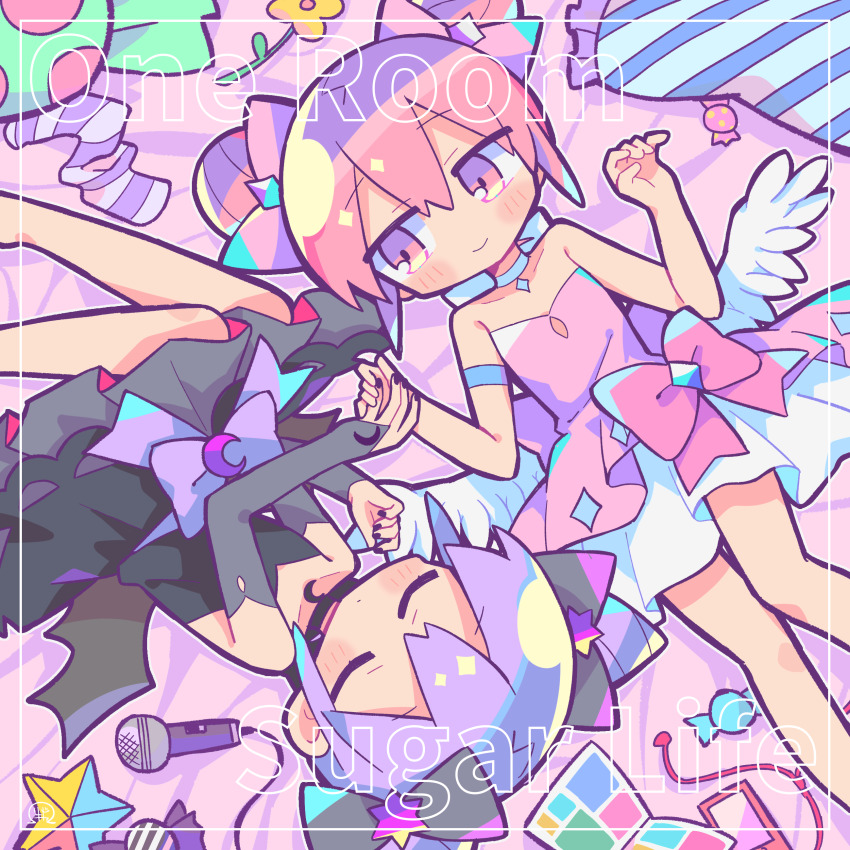 2girls, absurdres, alternate_costume, angel, angel_wings, armband, bat_wings, bed_sheet
