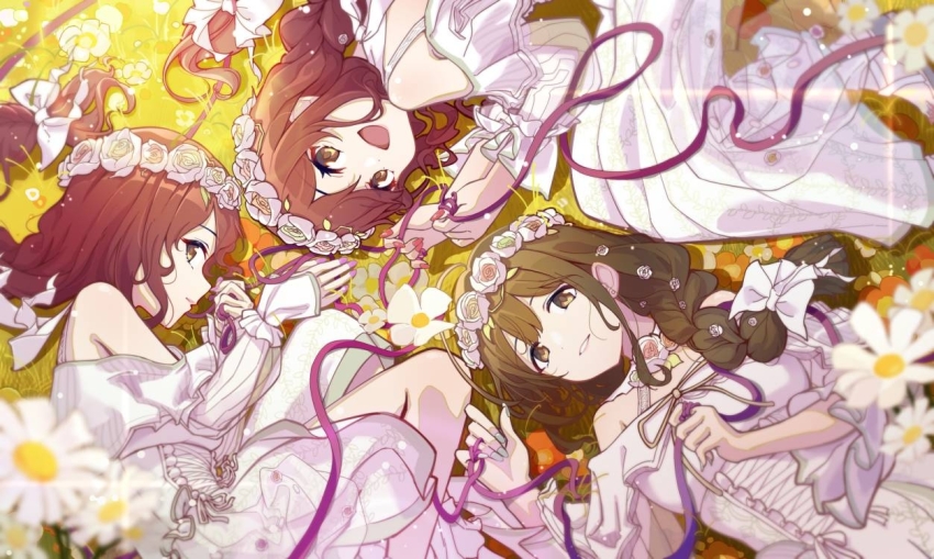 3girls, alstroemeria_(idolmaster), bow, brown_hair, dandelion, dress, fingernails, flower