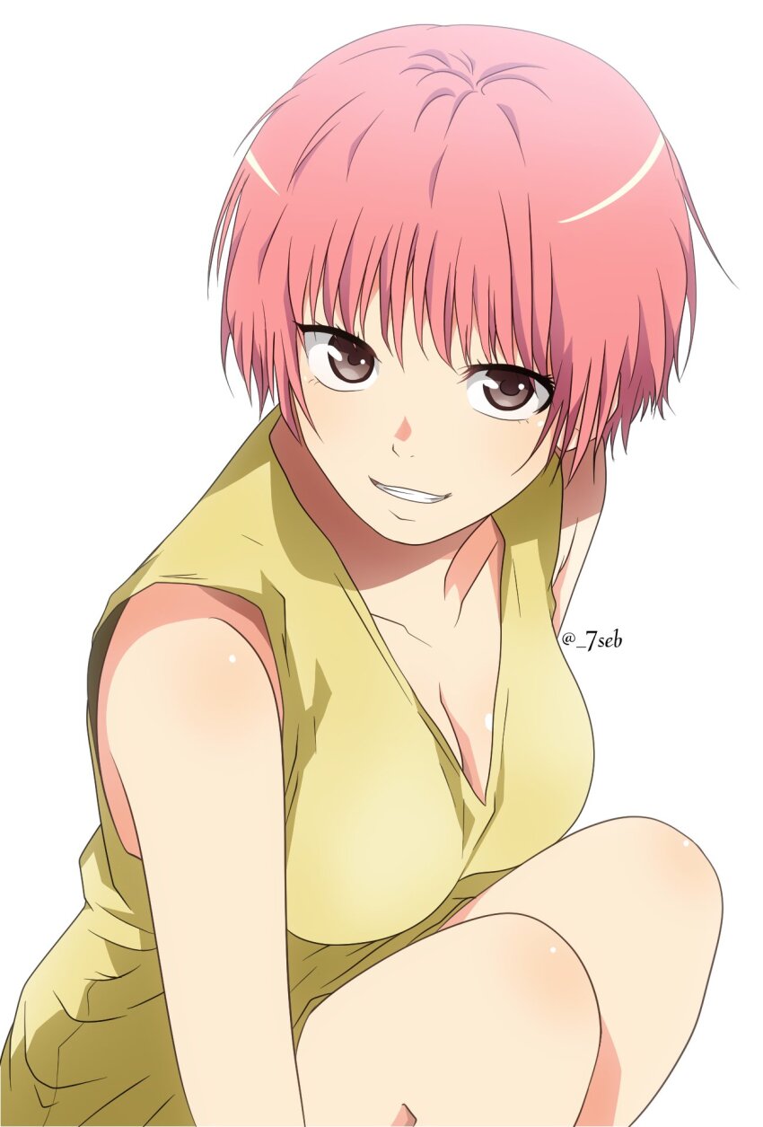 1girl, 7seb, blush, brown_hair, dress, highres, kuroiwa_medaka_ni_watashi_no_kawaii_ga_tsuujinai, looking_at_viewer