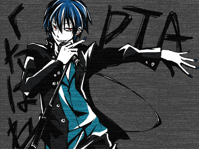 1boy, blue_hair, earrings, grin, jacket, jewelry, kaito_(vocaloid), kutabare_pta_(vocaloid)
