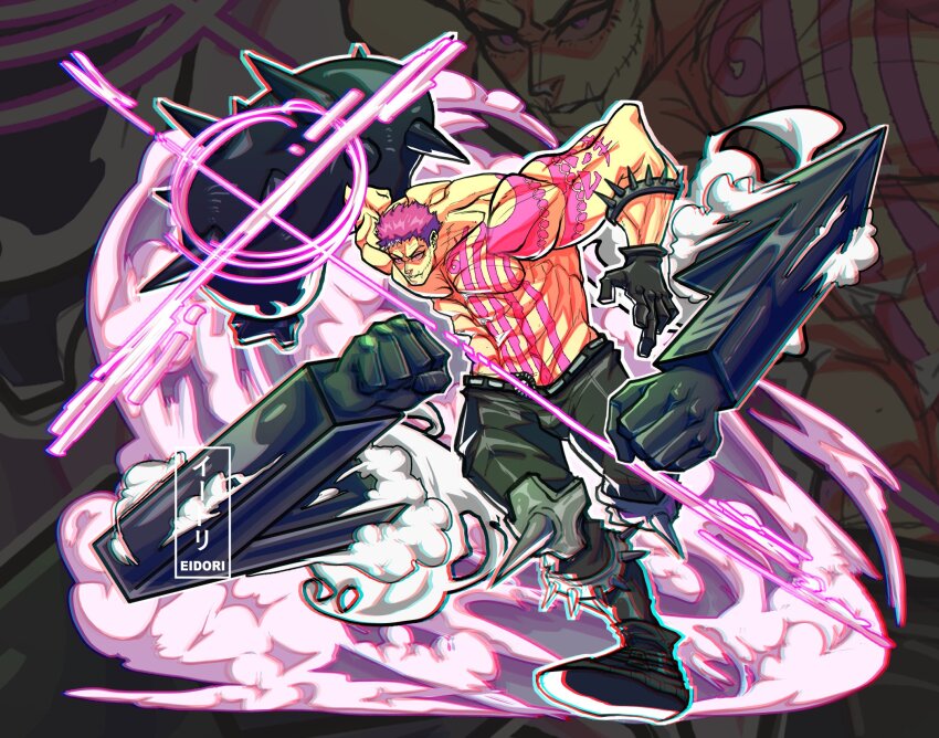 1boy, arm_tattoo, artist_name, black_gloves, black_pants, bracelet, charlotte_katakuri, chest_tattoo