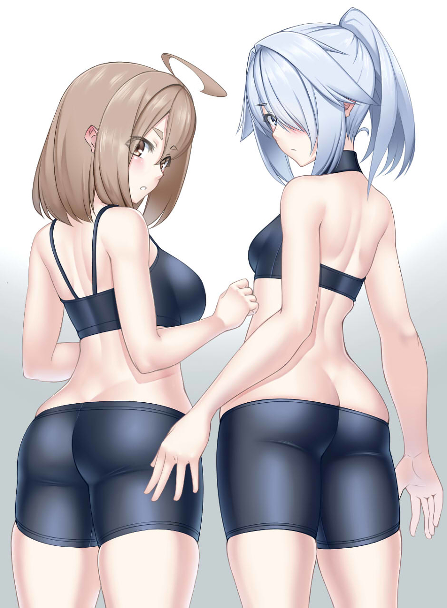 2girls, ahoge, ass, bare_shoulders, bike_shorts, black_shorts, black_sports_bra, blush, breasts, brown_eyes, brown_hair, butt_crack, chado_maki, gradient_background, hair_over_one_eye, highres, looking_at_viewer, looking_back, lowleg, multiple_girls, myouan, ponytail, shirakami_itsuki, shorts, skindentation, sports_bra, tagme