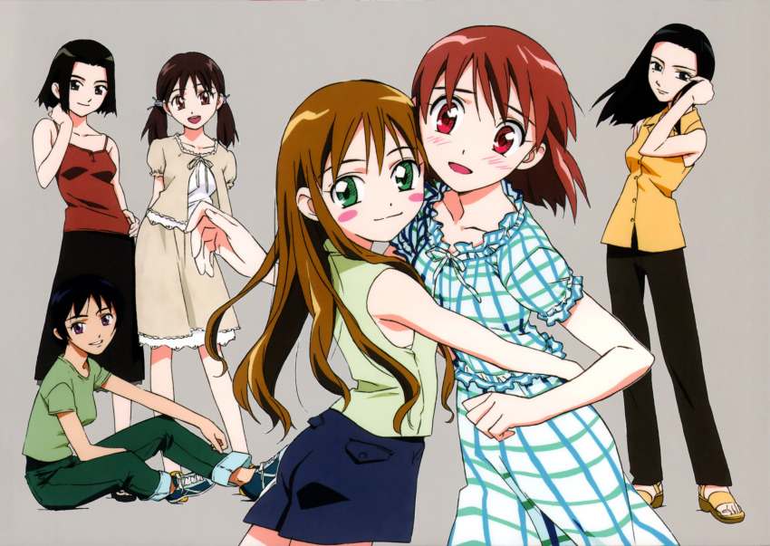 6+girls, absurdres, adjusting_hair, aqua_necktie, bare_shoulders, black_eyes, black_hair, bob_cut, brown_eyes, brown_hair, closed_mouth, green_eyes, grey_background, hand_on_own_neck, highres, hug, izawa_maho, kareshi_kanojo_no_jijou, long_hair, looking_at_viewer, miyazawa_yukino, multiple_girls, necktie, open_mouth, pajamas, plaid_clothes, plaid_pajamas, red_hair, sakura_tsubaki, sawada_aya, sena_rika, shibahime_tsubasa, shirt, skirt, takamura_kazuhiro, white_shirt, yellow_shirt