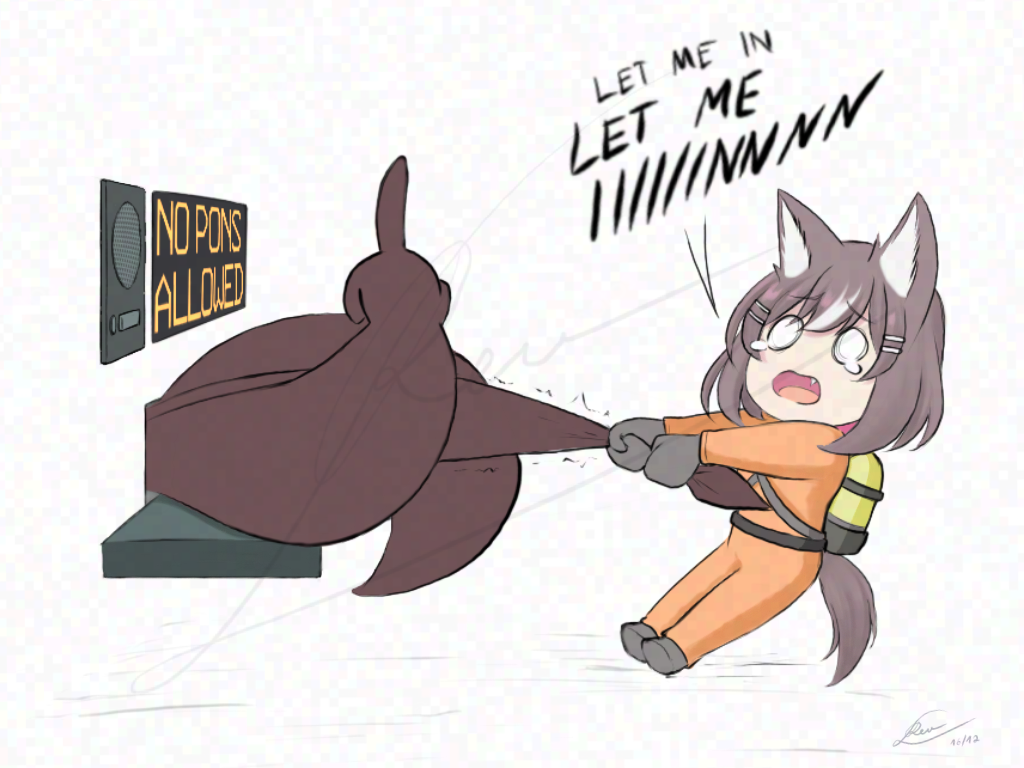 adversarial_noise, animal_ears, brown_hair, chisaka_airi, english_text, fang, full_body, hair_ornament