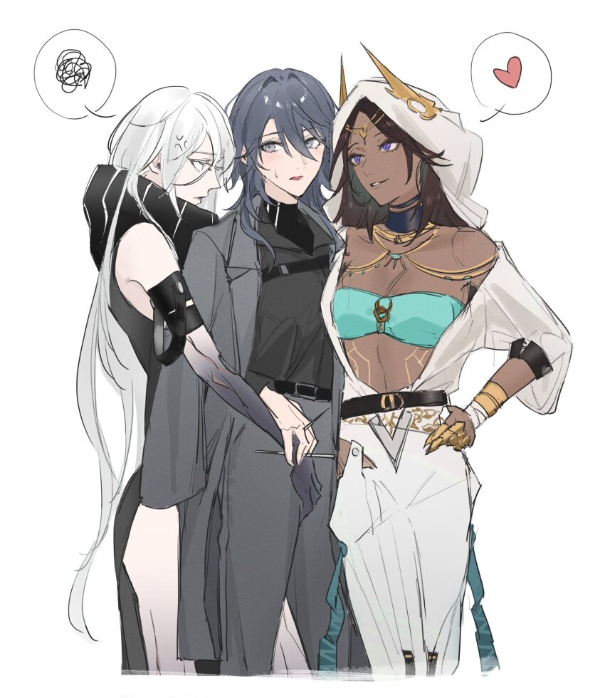 3girls, anger_vein, black_dress, black_hair, black_shirt, black_skin, blush, breasts, bridge_piercing, brown_hair, chief_(path_to_nowhere), claws, cleavage, coat, coat_on_shoulders, collared_shirt, colored_skin, commentary_request, dark-skinned_female, dark_skin, dress, face_piercing, female_chief_(path_to_nowhere), girl_sandwich, grey_coat, grey_eyes, grey_pants, hand_on_own_hip, head_chain, heart, highres, hood, hood_up, hooded_dress, jewelry, long_hair, medium_breasts, multiple_girls, nose_piercing, nox_(path_to_nowhere), open_mouth, pants, path_to_nowhere, piercing, polygamy, purple_eyes, sandwiched, shirt, simple_background, spoken_heart, spoken_squiggle, squiggle, stargazer_(path_to_nowhere), sweatdrop, toho10min, white_background, white_eyes, white_hair, white_pants, yuri