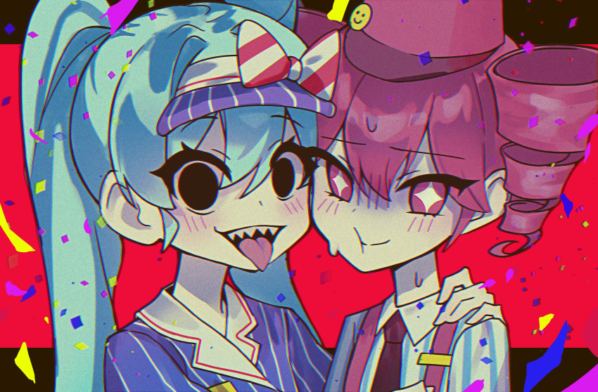 2girls, absurdres, black_eyes, black_necktie, blue_hair, blue_shirt, bow, chromatic_aberration
