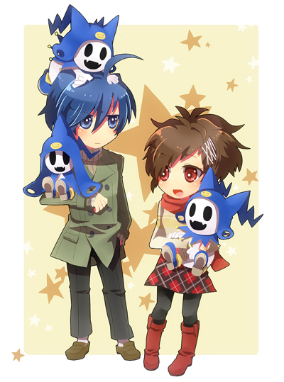 ahoge, atlus, blue_eyes, blue_hair, brown_hair, chibi, jack_frost_(megami_tensei), pantyhose