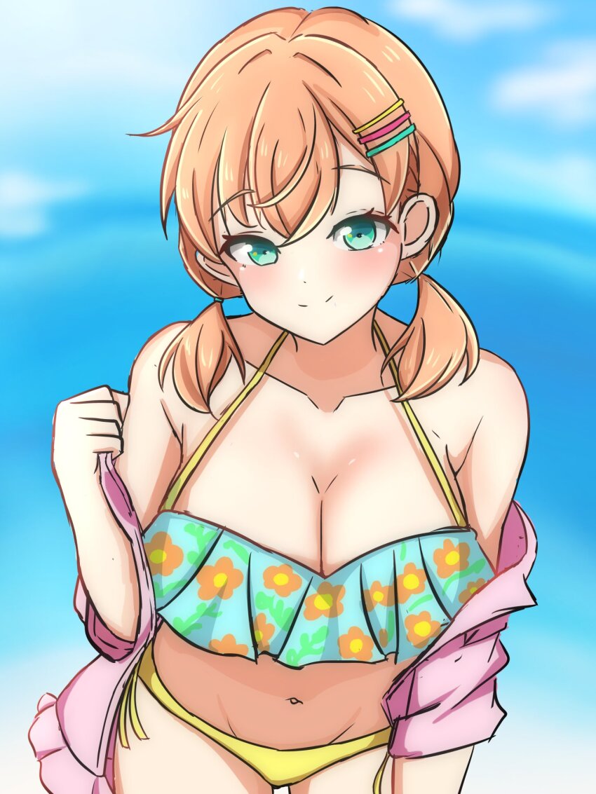 1girl, aqua_eyes, bikini, blue_bikini, blue_sky, blurry, blurry_background, blush, breasts, check_commentary, cleavage, closed_mouth, collarbone, commentary_request, crossed_bangs, daime_(hyahhaa10), floral_print, floral_print_bikini, frilled_bikini, frills, groin, hair_ornament, hairclip, highres, hinoshita_kaho, hinoshita_kaho_(swimsuit), jacket, jacket_partially_removed, large_breasts, leaning_forward, link!_like!_love_live!, looking_at_viewer, love_live!, low_twintails, medium_hair, mismatched_bikini, naughty_face, navel, open_clothes, open_jacket, orange_hair, parallel_hairclips, pink_jacket, print_bikini, side-tie_bikini_bottom, sky, smile, solo, split_mouth, stomach, swimsuit, twintails, virtual_youtuber, yellow_bikini