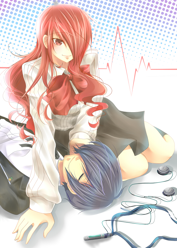 1boy, 1girl, atlus, blue_eyes, blue_hair, bow, cardiogram, closed_eyes