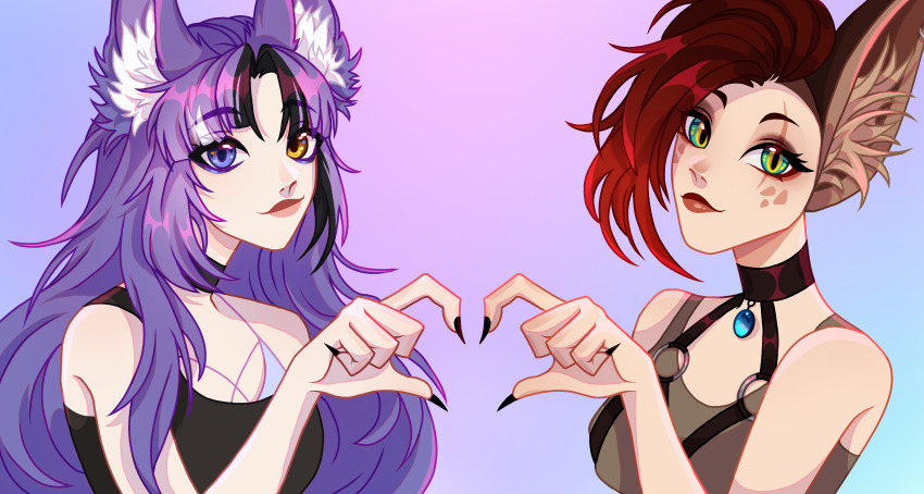 2girls, absurdres, animal_ear_fluff, animal_ears, awful_queen_(vtuber), black_nails, blop_valera_(vtuber), choker, fox_ears, fox_girl, heart, heart_hands, heart_hands_duo, heterochromia, highres, indie_virtual_youtuber, lips, long_hair, looking_at_viewer, m9ltka, monster_girl, multiple_girls, nail_polish, purple_hair, red_hair, scar, virtual_youtuber