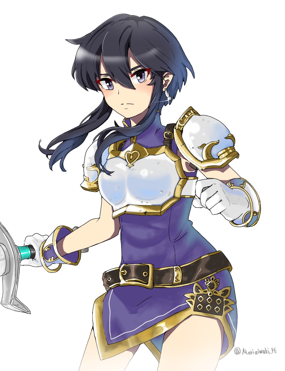 1girl, armor, belt, black_hair, breastplate, earrings, fire_emblem, fire_emblem:_genealogy_of_the_holy_war, gloves, hair_between_eyes, highres, holding, holding_sword, holding_weapon, jewelry, larcei_(fire_emblem), looking_at_viewer, meriaiwaki_fe, nintendo, purple_tunic, short_hair, shoulder_armor, sidelocks, solo, sword, tomboy, tunic, weapon, white_background