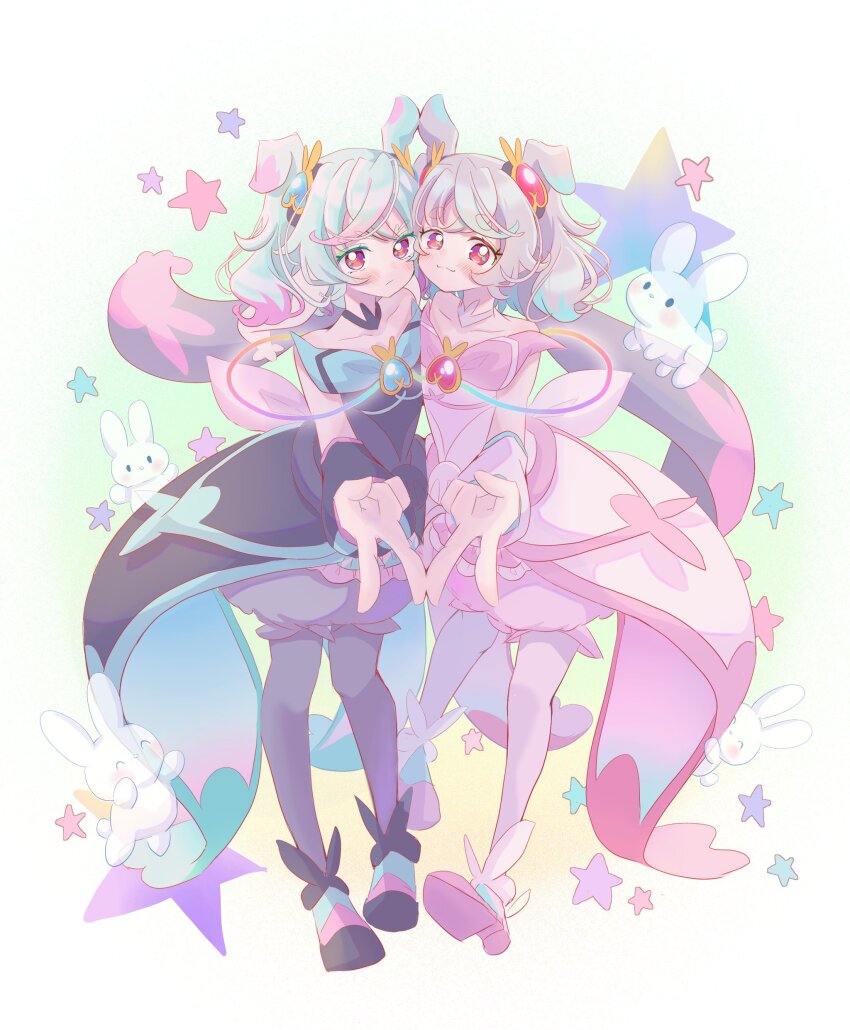 2girls, absurdres, animal_ears, aqua_hair, black_choker, black_dress, black_footwear, bloomers