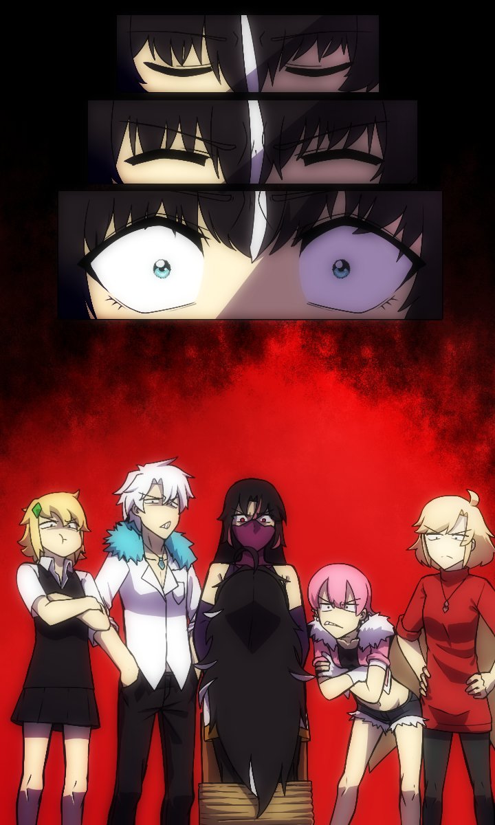 1boy, 5girls, ahoge, angry, black_hair, black_pants, black_shirt, black_skirt