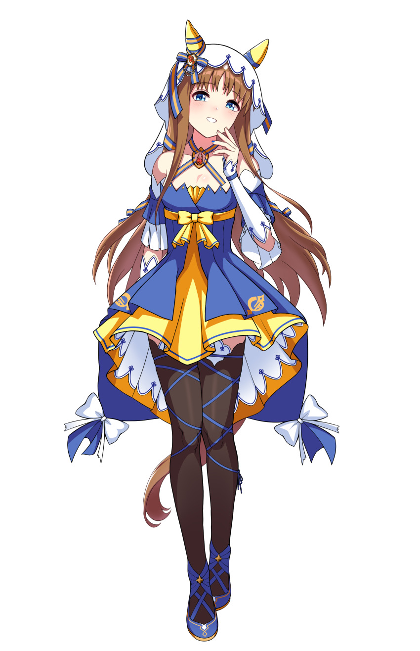 1girl, absurdres, bails, bare_shoulders, black_thighhighs, blue_dress, blue_footwear, blue_ribbon