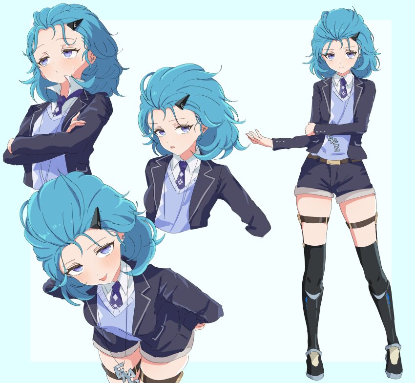 1girl, black_footwear, black_jacket, black_shorts, blue_background, blue_hair, blush, boots