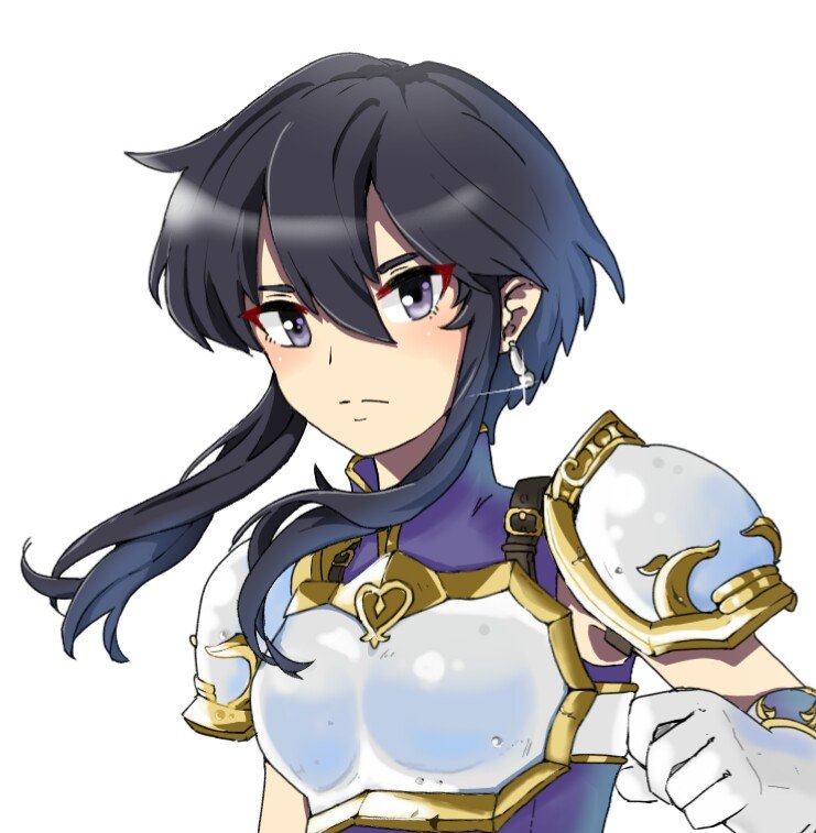 1girl, armor, belt, black_hair, breastplate, close-up, earrings, fire_emblem, fire_emblem:_genealogy_of_the_holy_war, gloves, hair_between_eyes, holding, holding_sword, holding_weapon, jewelry, larcei_(fire_emblem), looking_at_viewer, meriaiwaki_fe, nintendo, purple_tunic, short_hair, shoulder_armor, sidelocks, solo, sword, tomboy, tunic, weapon, white_background