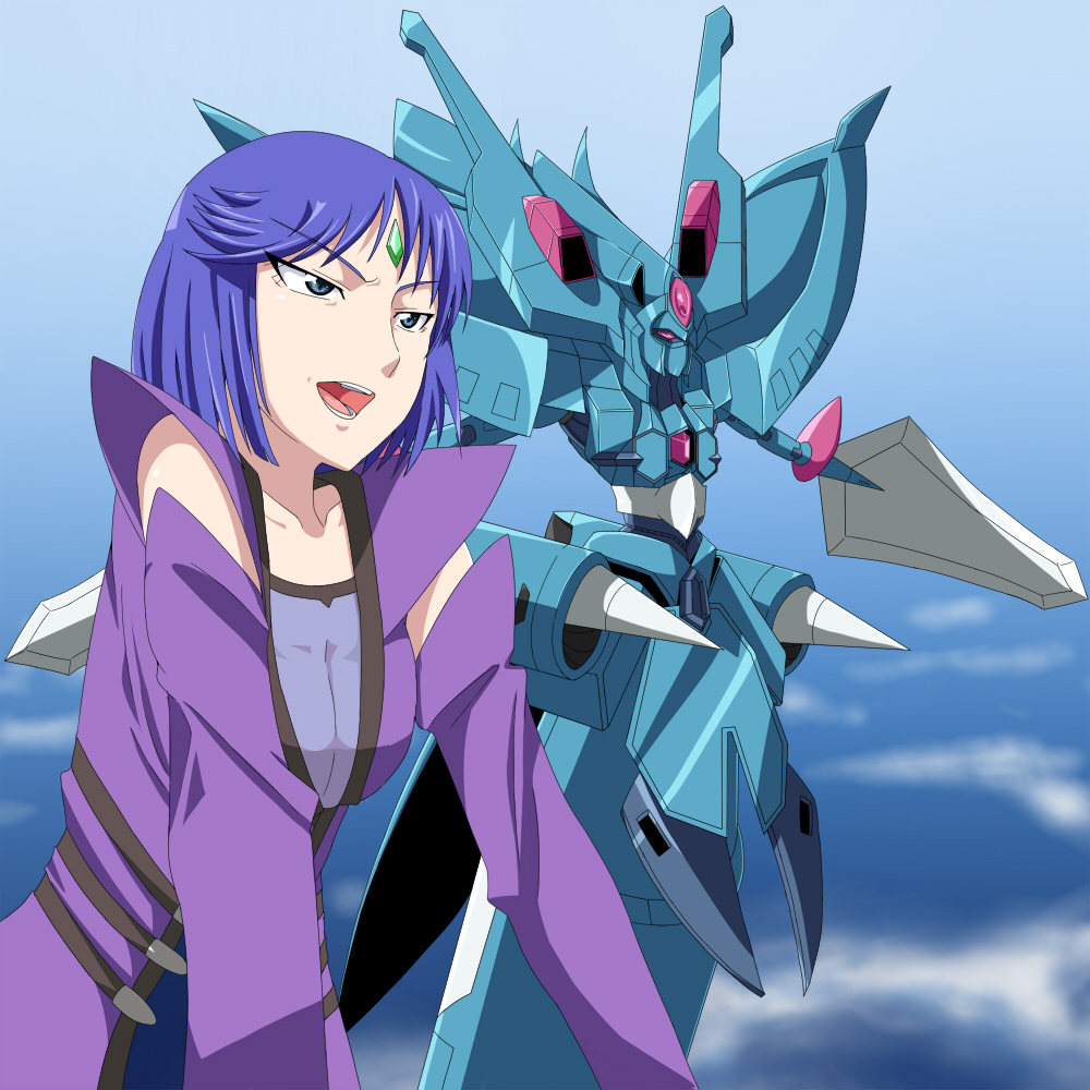 aguija, banpresto, blue_eyes, blue_hair, breasts, forehead_jewel, mecha, robot, short_hair, silbelwind, super_robot_wars, super_robot_wars_original_generation, yoshida_keiji