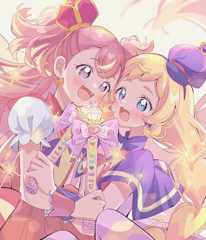 2girls, blonde_hair, blue_eyes, bow, bowtie, braid, brooch, capelet