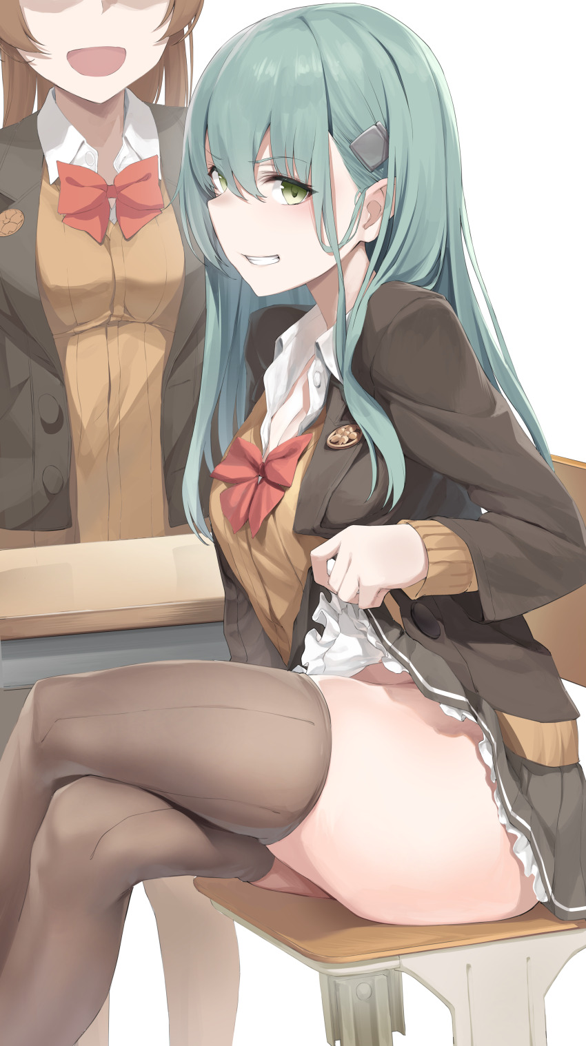 2girls, absurdres, aqua_eyes, aqua_hair, brown_hair, brown_jacket, brown_skirt, brown_socks