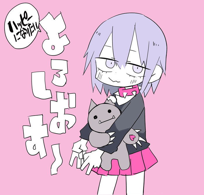 1girl, :3, black_shirt, collar, commentary, dot_nose, english_commentary, hair_between_eyes