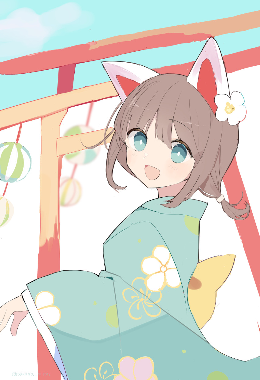 1girl, absurdres, animal_ears, blue_eyes, brown_hair, fang, flower, hair_flower