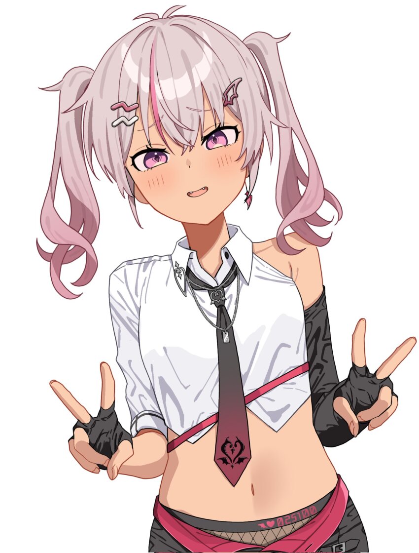 1girl, :d, bare_shoulders, black_gloves, blush, breasts, double_v, elbow_gloves, fangs, fingerless_gloves, gloves, gradient_hair, hair_ornament, hairclip, highres, jewelry, kayuu_(hikentai0112), looking_at_viewer, matsukai_mao, matsukai_mao_(4th_costume), midriff, multicolored_hair, navel, necklace, necktie, nijisanji, open_mouth, purple_eyes, purple_hair, simple_background, small_breasts, smile, solo, twintails, v, virtual_youtuber, white_background