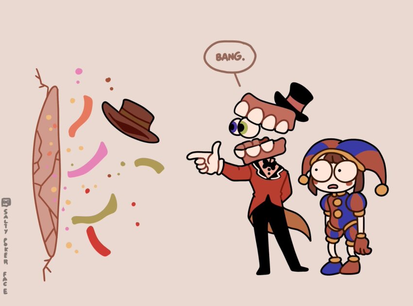 ._., 1boy, 1girl, blue_eyes, caine_(the_amazing_digital_circus), chainsaw_man, commentary, derivative_work, english_commentary, english_text, formal_clothes, gloves, green_eyes, hat, heterochromia, jester, jester_cap, parody, pomni_(the_amazing_digital_circus), red_gloves, saltypokerface, short_hair, simple_background, suit, the_amazing_digital_circus, white_gloves