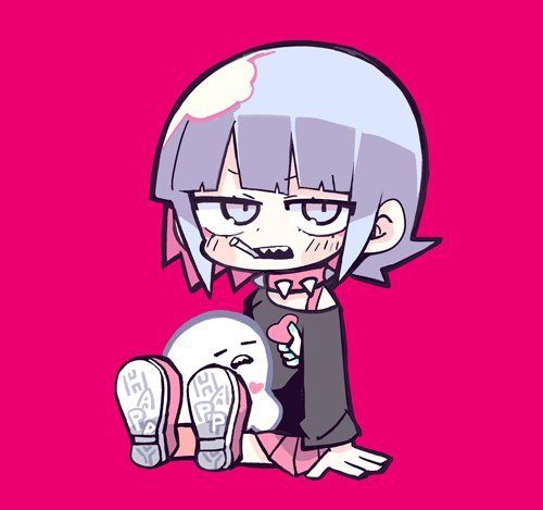 1girl, black_shirt, blue_eyes, blue_hair, blunt_bangs, candy, chibi, collar